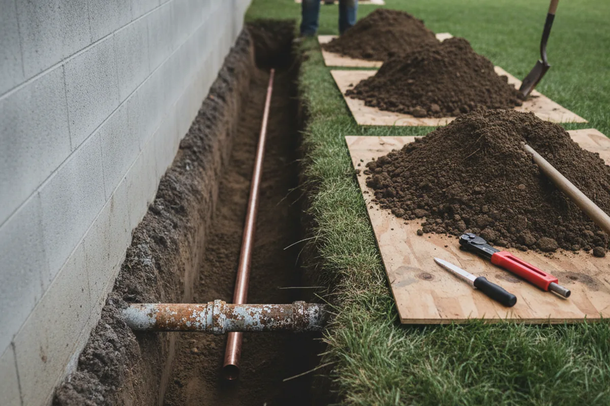 Excavated water line trench during Water Heater Repair in Ansted